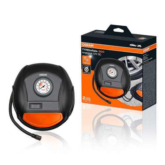 Osram OTI200 TYREInflate 200 Compact & Portable Car & Bike Tyre Inflator | 12V DC, 120W, 100% Copper Motor | Analog Gauge with Preset & Auto Cut-Off | Windup Cable | Black