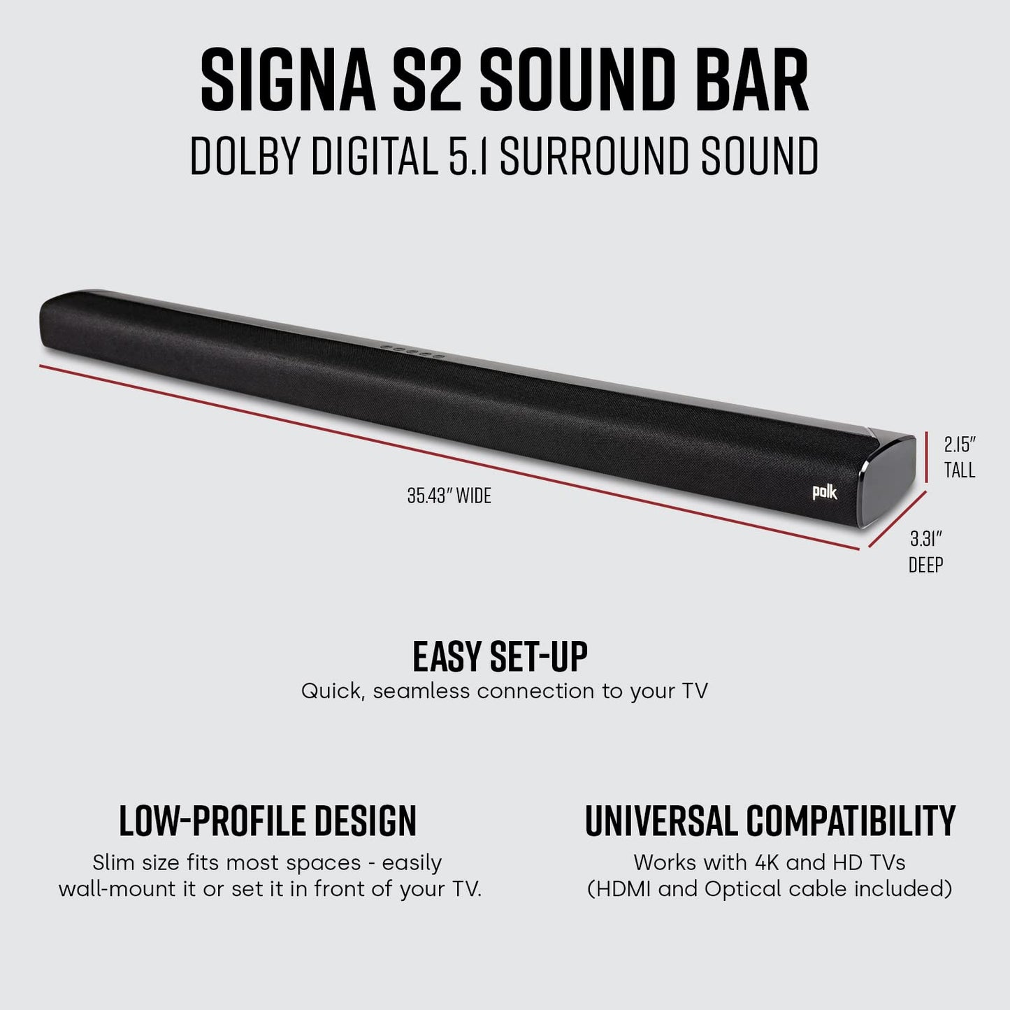 Polk Audio Signa S2 2.1 Universal TV Sound Bar and Wireless Subwoofer System (120W)