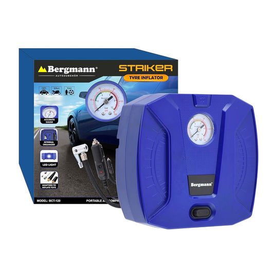 Bergmann Striker BCT-120 Compact & Portable Car & Bike Tyre Inflator | 12V DC, 120W, 100% Copper Motor | Analog Gauge with Preset & Auto Cut-Off | Braided Hose | LED Light | Blue