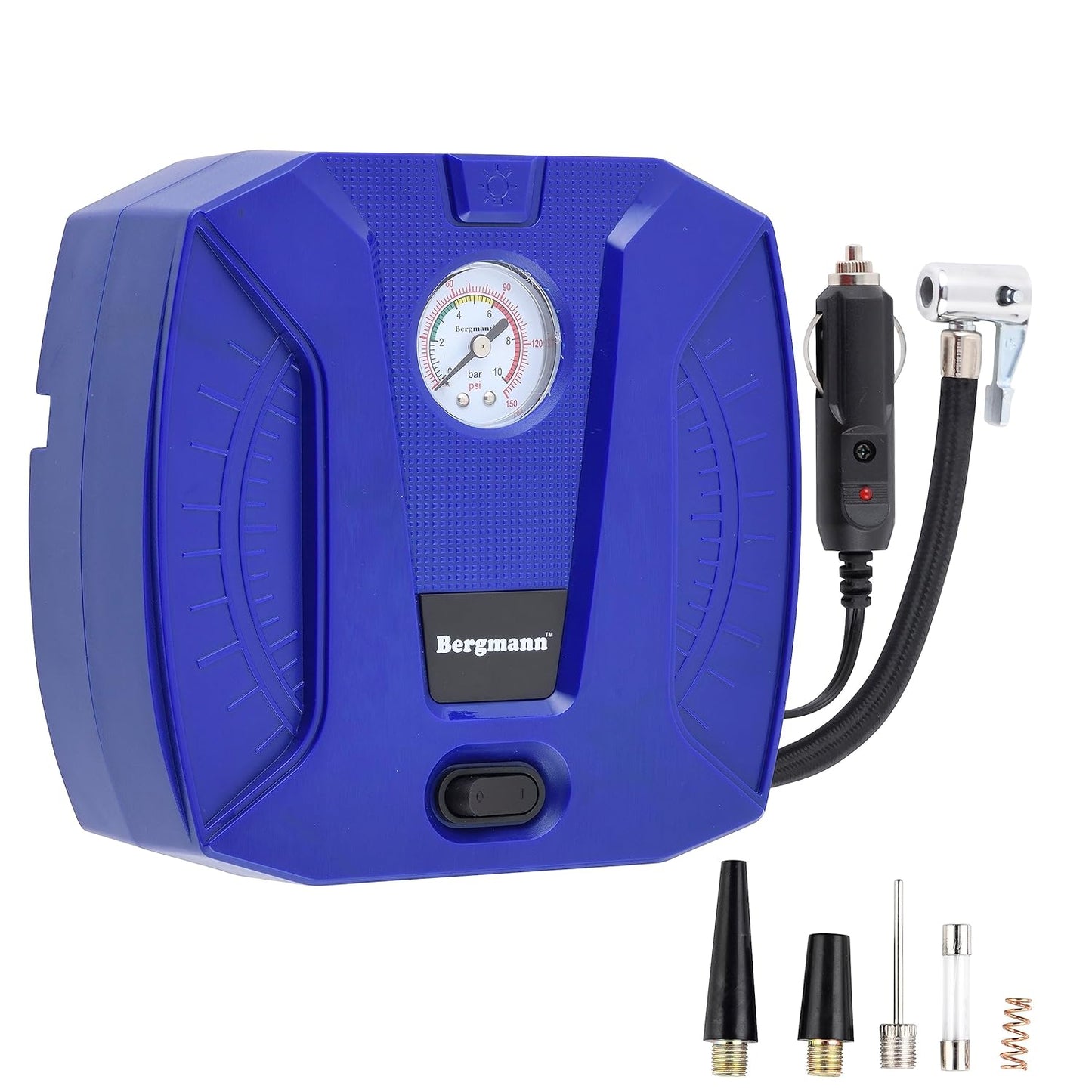 Bergmann Striker BCT-120 Compact & Portable Car & Bike Tyre Inflator | 12V DC, 120W, 100% Copper Motor | Analog Gauge with Preset & Auto Cut-Off | Braided Hose | LED Light | Blue