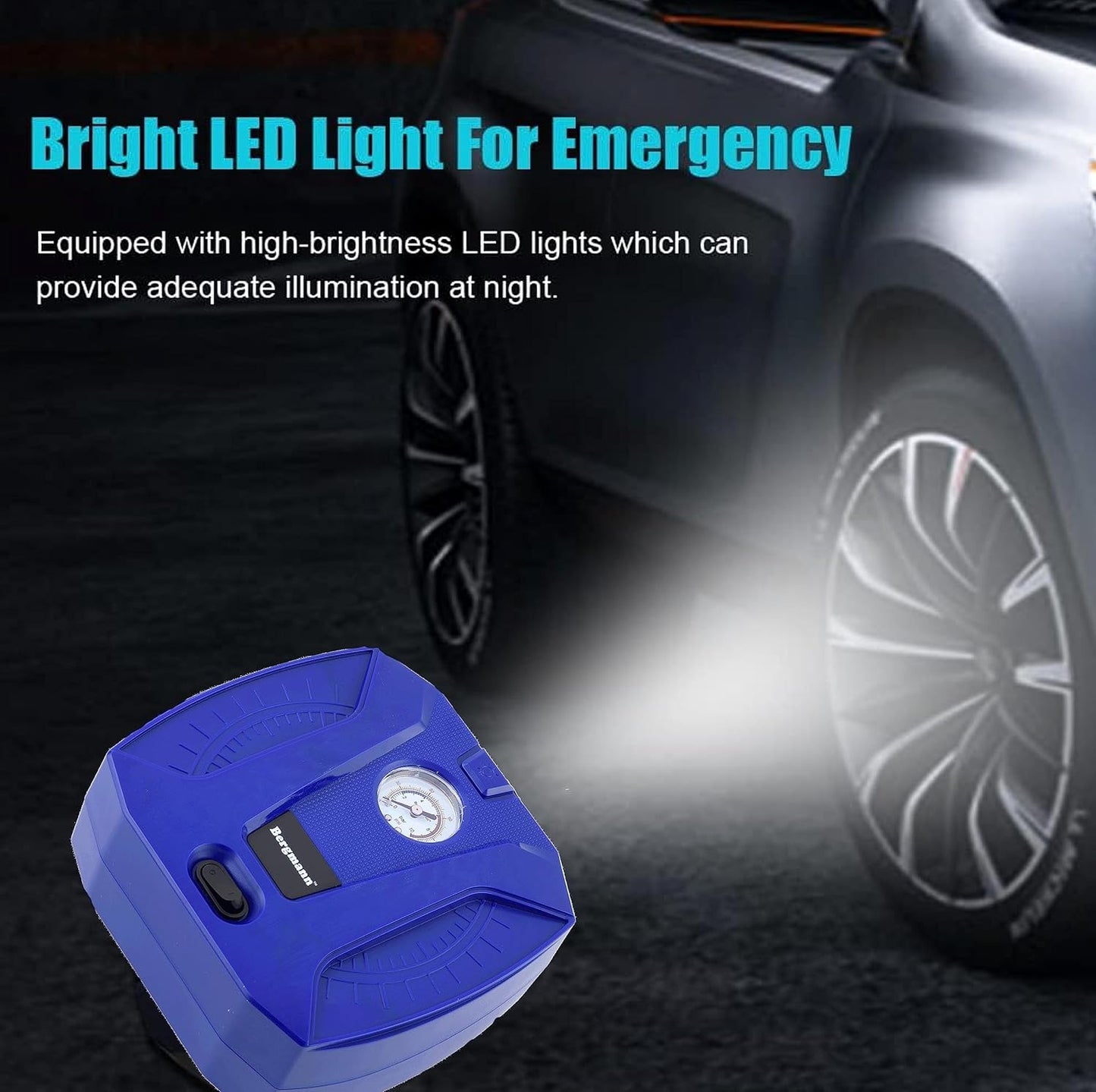 Bergmann Striker BCT-120 Compact & Portable Car & Bike Tyre Inflator | 12V DC, 120W, 100% Copper Motor | Analog Gauge with Preset & Auto Cut-Off | Braided Hose | LED Light | Blue