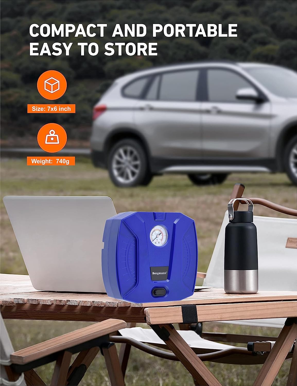Bergmann Striker BCT-120 Compact & Portable Car & Bike Tyre Inflator | 12V DC, 120W, 100% Copper Motor | Analog Gauge with Preset & Auto Cut-Off | Braided Hose | LED Light | Blue