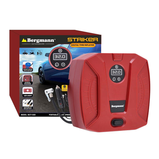 Bergmann Striker BCT-120D Digital Compact & Portable Car & Bike Tyre Inflator | 12V DC, 120W, 100% Copper Motor | Digital Gauge with Preset & Auto Cut-Off | Braided Hose | LED Light | Red
