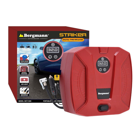 Bergmann Striker BCT-120D Compact & Portable Car & Bike Tyre Inflator | 12V DC, 120W, 100% Copper Motor | Digital Gauge w/ Preset & Auto Cut-Off