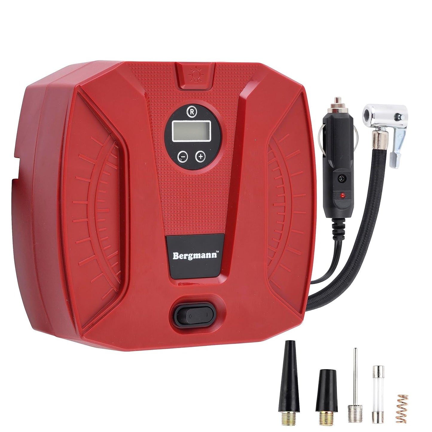 Bergmann Striker BCT-120D Digital Compact & Portable Car & Bike Tyre Inflator | 12V DC, 120W, 100% Copper Motor | Digital Gauge with Preset & Auto Cut-Off | Braided Hose | LED Light | Red