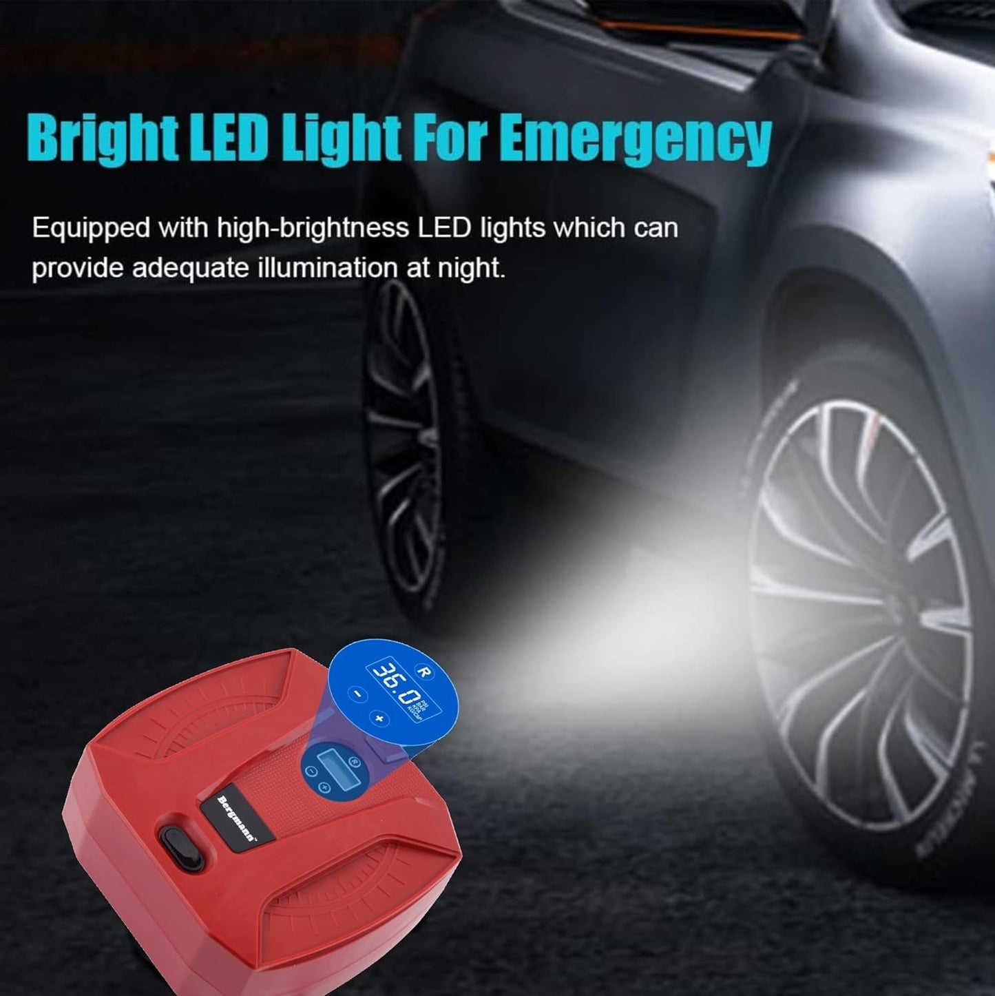 Bergmann Striker BCT-120D Digital Compact & Portable Car & Bike Tyre Inflator | 12V DC, 120W, 100% Copper Motor | Digital Gauge with Preset & Auto Cut-Off | Braided Hose | LED Light | Red