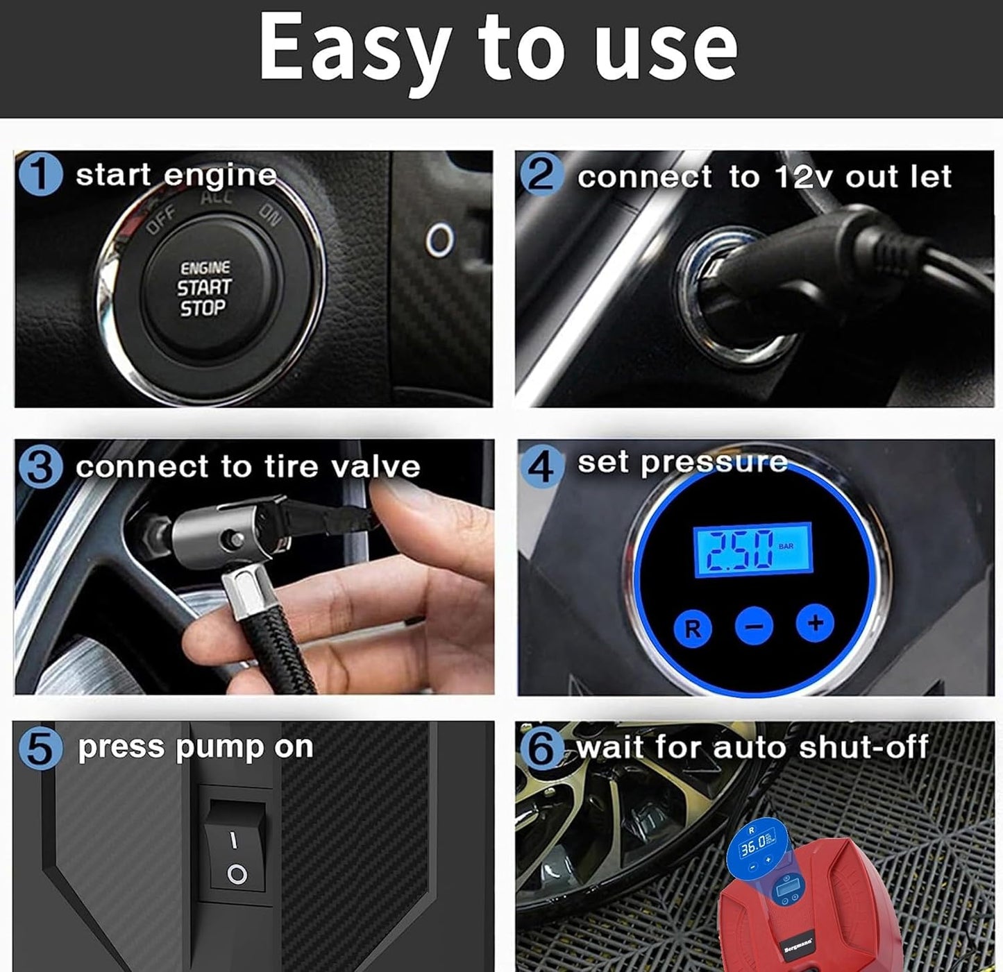 Bergmann Striker BCT-120D Digital Compact & Portable Car & Bike Tyre Inflator | 12V DC, 120W, 100% Copper Motor | Digital Gauge with Preset & Auto Cut-Off | Braided Hose | LED Light | Red