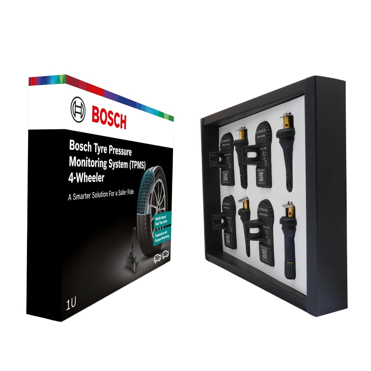 Bosch F002H274338F8 Tyre Pressure Monitoring System (TPMS) for Cars with Tubeless Tyres | Pack of 4 sensors | Real-Time Tracking & Alerts via Mobile App | 5-Year Warranty