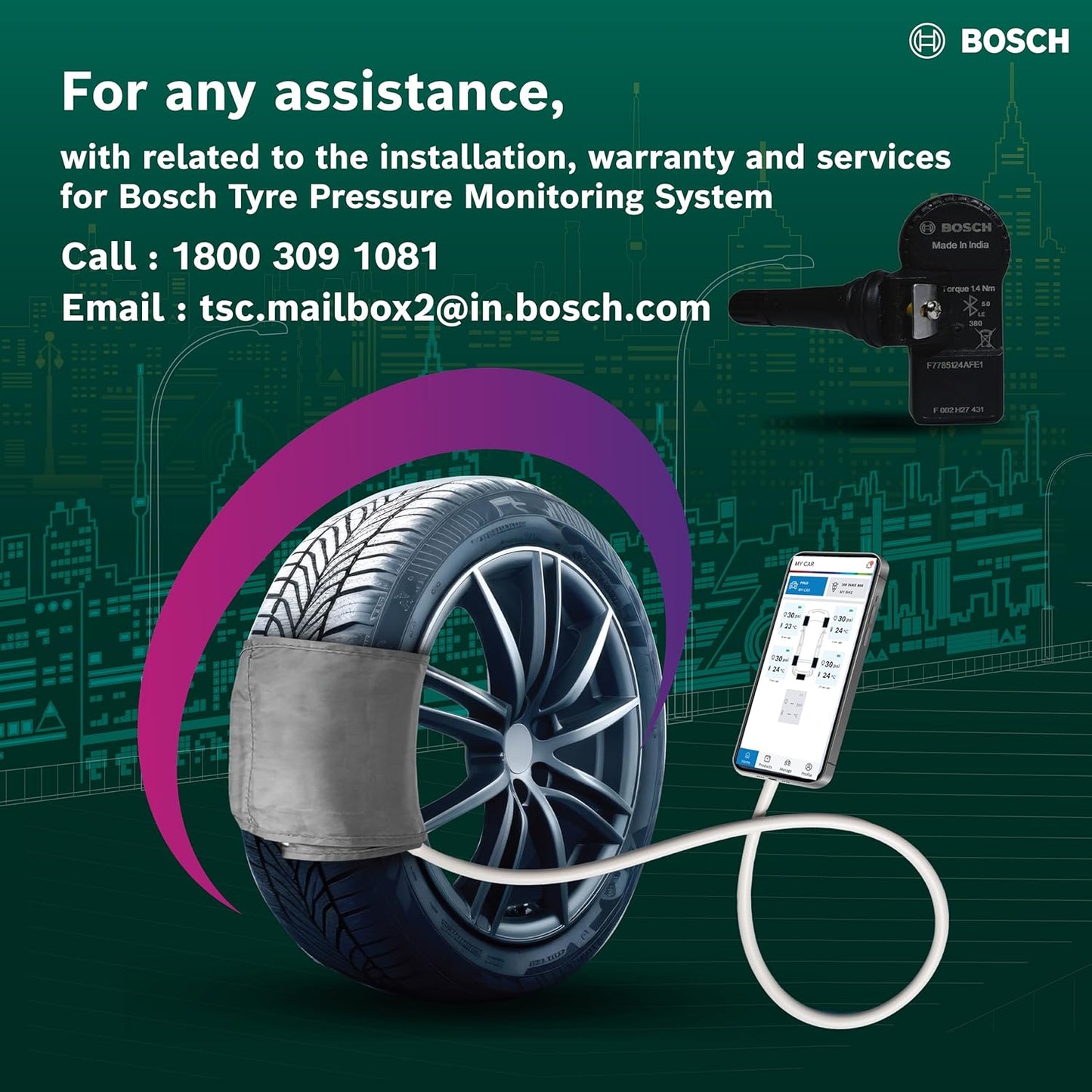 Bosch F002H274338F8 Tyre Pressure Monitoring System (TPMS) for Cars with Tubeless Tyres | Pack of 4 sensors | Real-Time Tracking & Alerts via Mobile App | 5-Year Warranty