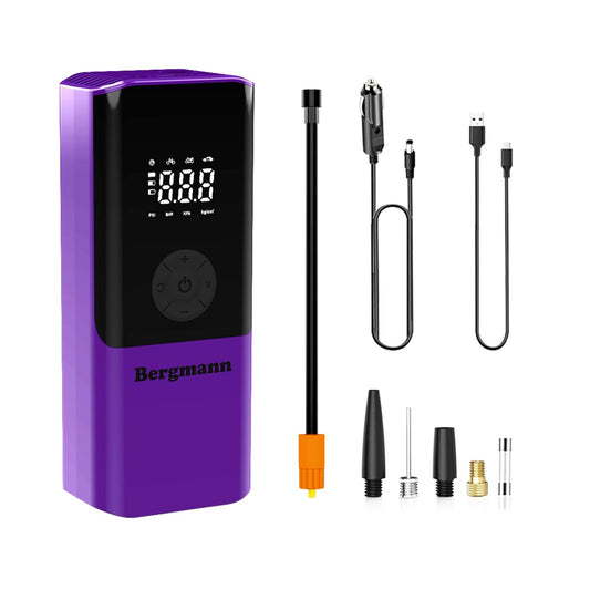 Bergmann VoltAir BCC-100D Cordless + Corded 2in1 Portable/Digital Tyre Inflator | 150 psi | 4500mAH Large Battery | LED Display | Power Bank | Type-C Port | for Cars, Bikes, Toys & Bicycles | Luxury Purple