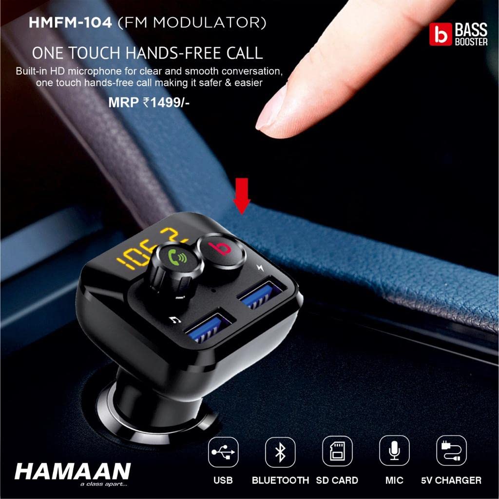 Hamaan HMFM-104 Bluetooth FM Transmitter, in-Car Radio Adapter, 5V/3.1A Dual USB Ports Car Charger