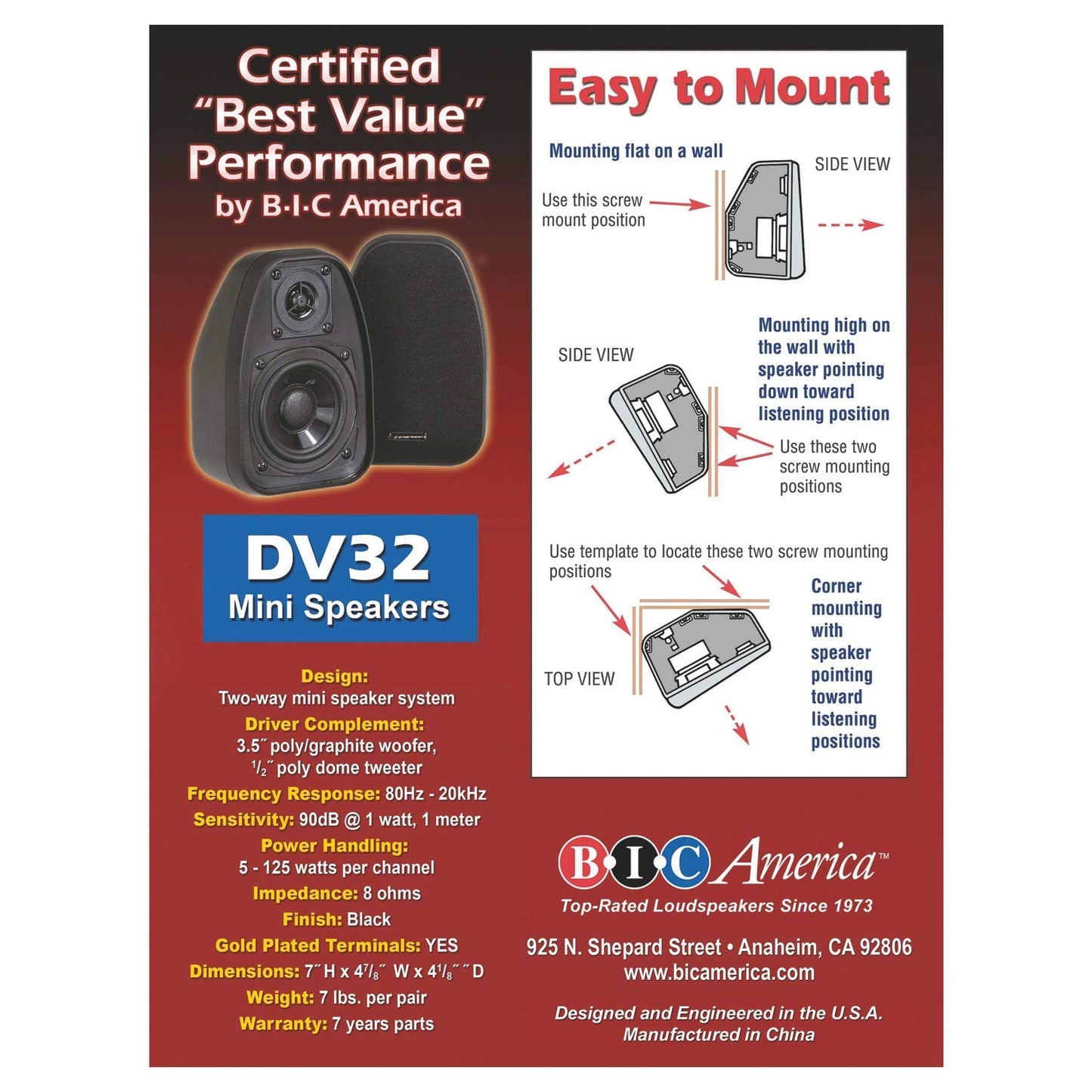 BIC America Venturi DV32B 3.5″ Bookshelf Surround Speakers