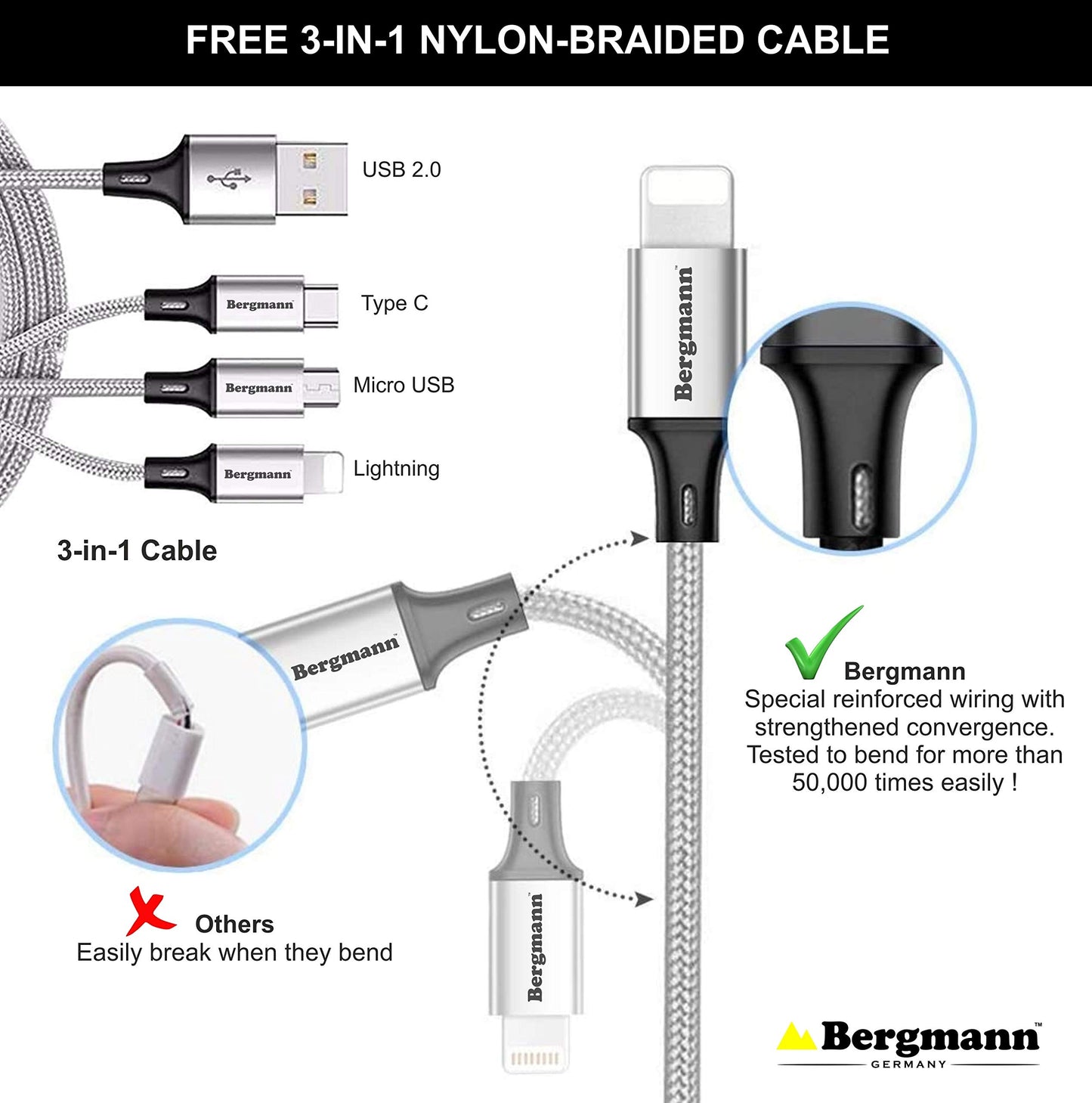 Bergmann CarGenius XXF-3 Car Charger QC3.0 with 3-in-1 USB Cable