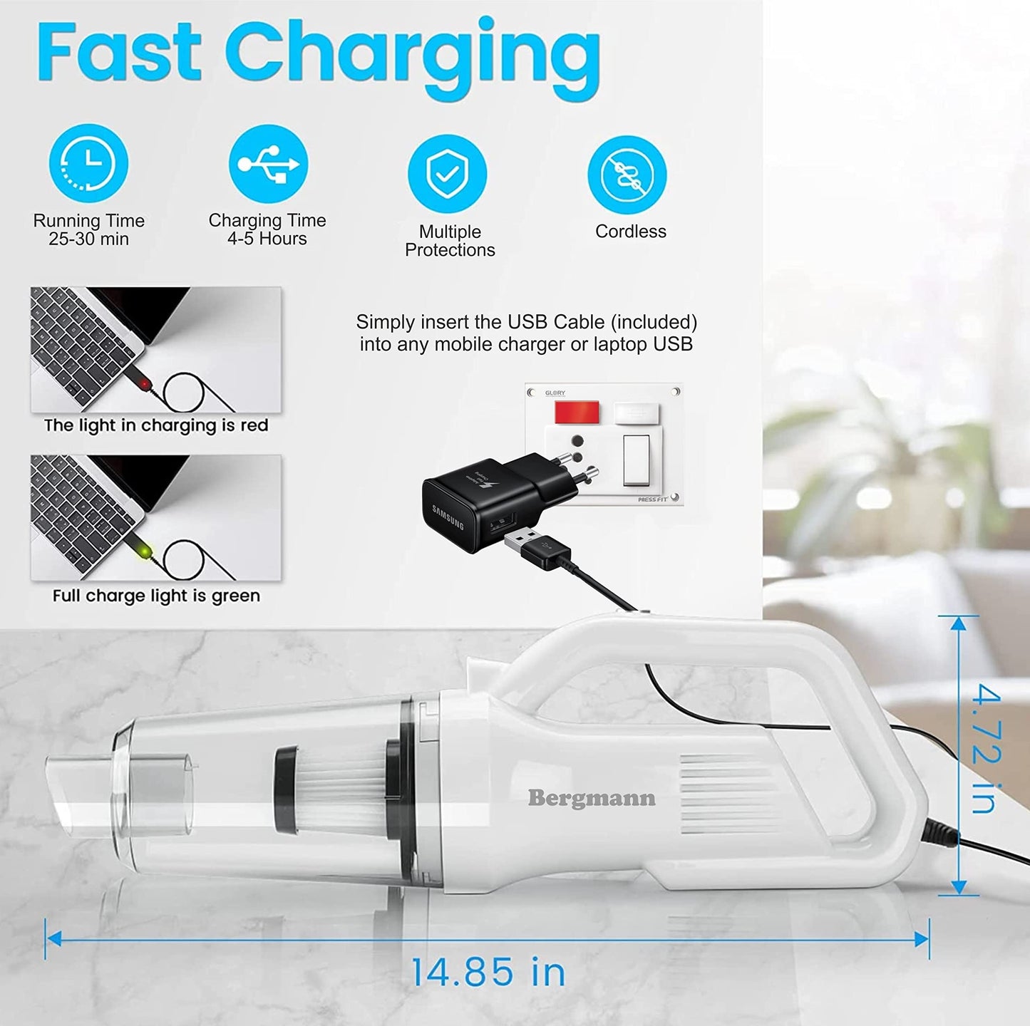 Bergmann Vector Cordless Handheld Car & Home Vacuum Cleaner (White)