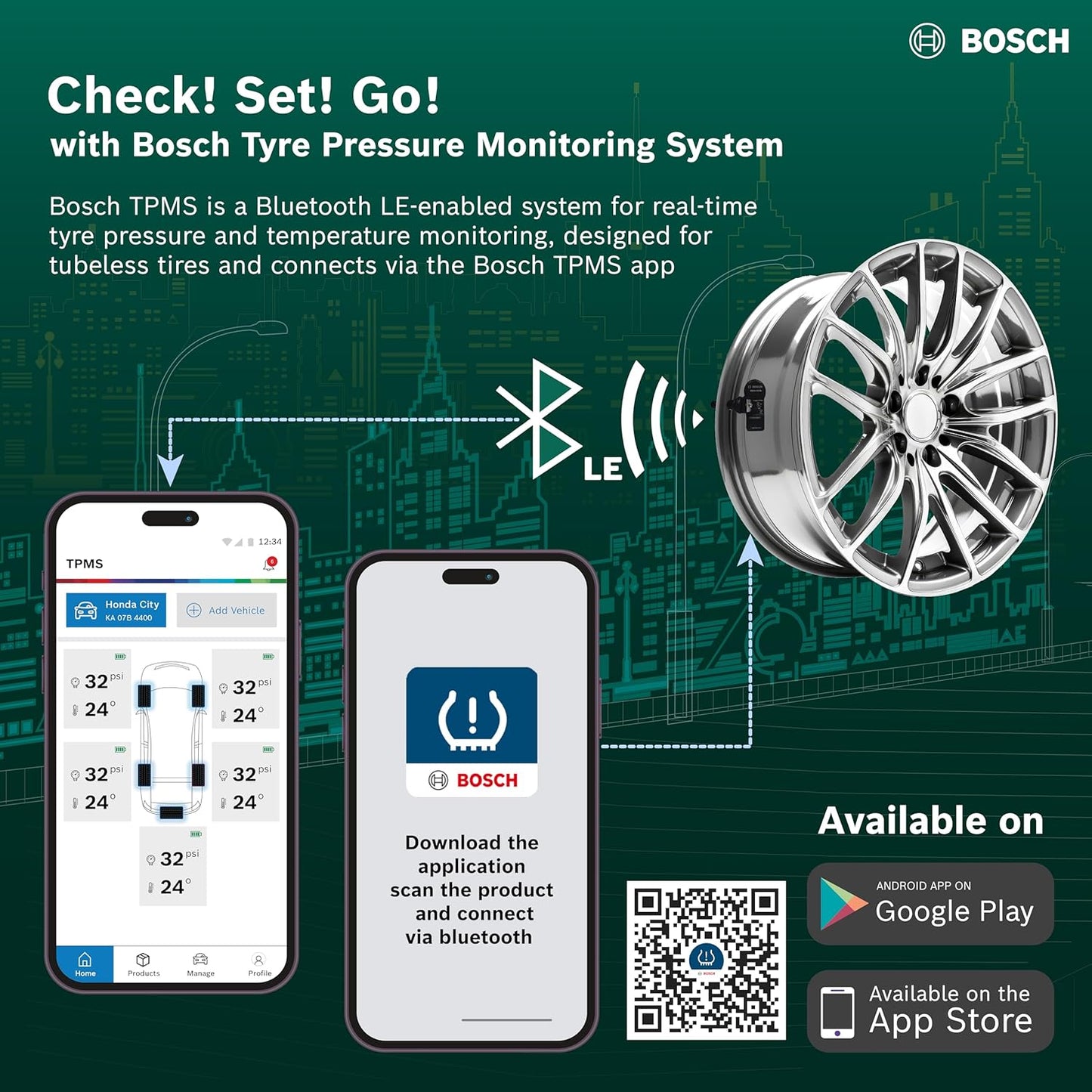 Bosch F002H274338F8 Tyre Pressure Monitoring System (TPMS)  for Cars with Tubeless Tyres | Pack of 4 sensors | Real-Time Tracking & Alerts via Mobile App | 5-Year Warranty