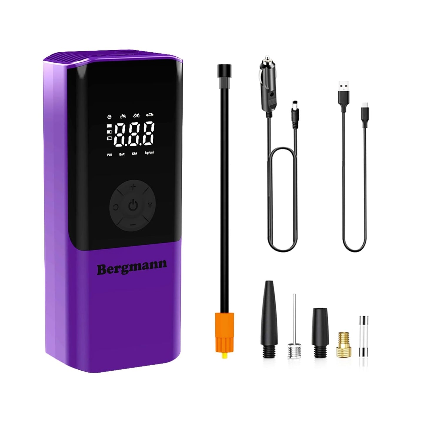 Bergmann VoltAir BCC-100D Cordless + Corded 2in1 Portable/Digital Tyre Inflator | 150 psi | 4500mAH Large Battery | LED Display | Power Bank | Type-C Port | for Cars, Bikes, Toys & Bicycles | Luxury Purple